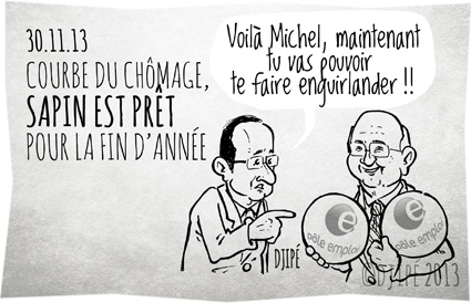 boules de noël, caricature, chômage, courbe chômage, crise, dessin de presse, dessinateur, Djipé, emplois, François Hollande, humour, Michel Sapin, pôle emploi, politique, sapin de noël, 