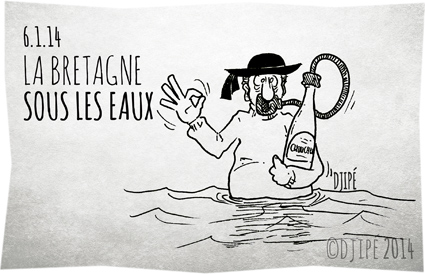 alcool, alcoolique, alcoolisme, boisson, bouteille, bouteille de plongée, Bretagne, breton, caricatures, chouchen, crues, dessin de presse, dessinateur, Djipé, Finistère, humour, humour noir, Ille-et-Vilaine, intempéries, montée des eaux, Morbihan, plongée, plongée sous marine, Quimperlé, Vigicrues, vigilance orange, 