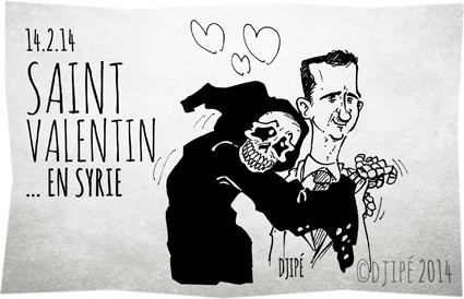 14 février, Alep, amour, Bachar el-Assad, cadeaux, caricatures, couples, crime contre l'humanité, dessin de presse, dessinateur, Djipé, fête des amoureux, génocide, grand amour, humour, humour noir, mots doux, passion, roses rouges, Saint-Valentin, Syrie, 