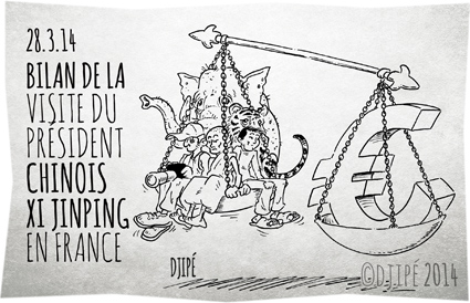 caricatures, Chine, contrats, dessin de presse, dessinateur, Djipé, droits de l'homme, François Hollande, humour, massacre éléphants, plusieurs milliards d'euros, président chinois, reporter sans frontières, Tibet, tigres, torture des animaux, visite officielle, Xi Jinping, 