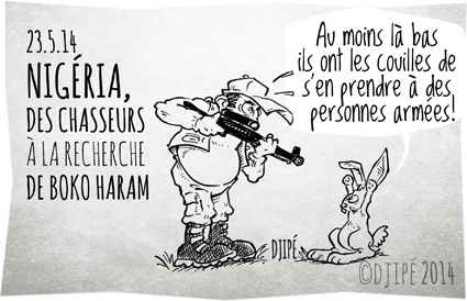 Abubakar Shekau, Boko Haram, Borno, caricatures, chasse, chasseur, dessin de presse, dessinateur, Djipé, groupe islamiste, humour, humour noir, lapin, lycée de Chibok, lycéennes enlevées, Nigeria, 