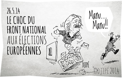 caricatures, dessin de presse, dessinateur, Djipé, élections européennes 2014, FN, François Hollande, Front national, grand vainqueur, humour, humour noir, Marine Le Pen, Parlement européen, 