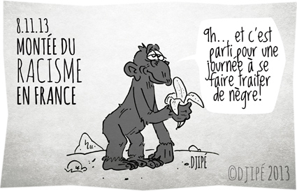 caricature, chimpanzé, dessin de presse, dessinateur, Djipé, France, humour, montée du racisme, politique, racisme, singe, Taubira, 