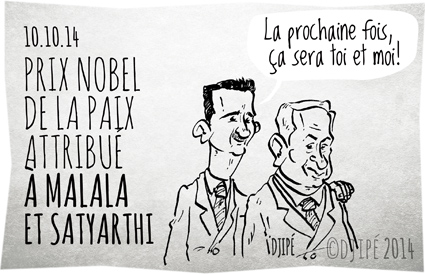 Bachar el-Assad, Benyamin Nétanyahou, caricatures, dessin de presse, dessinateur, Djipé, école, éducation, guerre, humour, humour noir, Kailash Satyarthi, Malala Yousafzay, oppression des enfants, prix Nobel de la paix, Thorbjoern Jagland, 