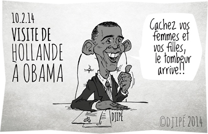 Air Force One, Barack Obama, caricatures, dessin de presse, dessinateur, Djipé, états unis, François Hollande, honneurs militaires, humour, humour noir, Maison Blanche, New York Times, Obama, tribune commune, Valérie Trierweiler, visite officielle, 