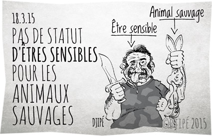 actes de cruauté, animal sensible, animaux domestiques, animaux sauvages, biodiversité, caricatures, chasse, dessin de presse, dessinateur, Djipé, être sensible, humour, humour noir, lobby de la chasse, projet de loi, protection animale, protection de la nature, 