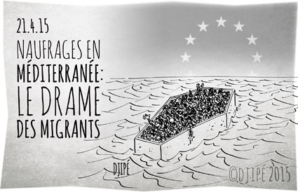 caricatures, dessin de presse, dessinateur, Djipé, humour, humour noir, Libye, Méditerranée, migrants, naufrage, noyade, OIM, Organisation internationale pour les migrations, Syrie, 