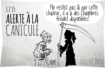 alerte, canicule, caricatures, chaleur, chambre froide, climat, dessin de presse, dessinateur, Djipé, humour, humour noir, mort, personne âgée, réchauffement, vieux, 