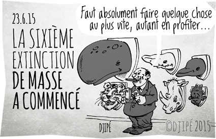 banquise, biologie, caricatures, catastrophe, climat, dessin de presse, dessinateur, dinosaures, Djipé, écologie, espèces animales, extinction, extinction animale, extinction de masse, faune, humour, humour noir, ours polaire, Paul Ehrlich, réchauffement climatique, 