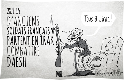 caricatures, DAESH, dessin de presse, dessinateur, Djipé, État islamique, guerre, humour, humour noir, Irak, Lirac, milice, militaires, soldats, volontaires, 