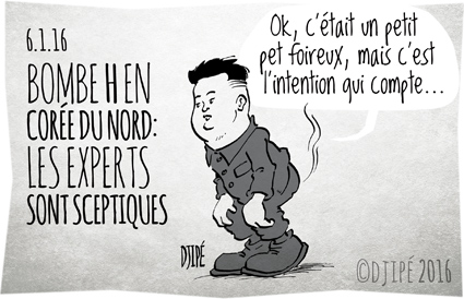 BOMBE H, bombe thermonucléaire, caricatures, Corée du Nord, dessin de presse, dessin satirique, dessinateur, Djipé, essai nucléaire, humour noir, Kim Jong Un, Pyongyang, 