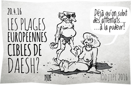 attentat, caricatures, DAESH, dessin de presse, dessin satirique, dessinateur, djihadistes, Djipé, Espagne, France, humour noir, Méditerranée, plage, terrorisme, tourisme, 