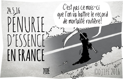 accident, barrage, caricatures, dessin de presse, dessin satirique, dessinateur, Djipé, essence, grève, humour noir, mort, pénurie, raffinerie, route, 