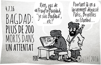 Aïd, attentat, Bagdad, caricatures, chiite, DAESH, dessin de presse, dessin satirique, dessinateur, Djipé, humour noir, mort, Paris, ramadan, victimes, 