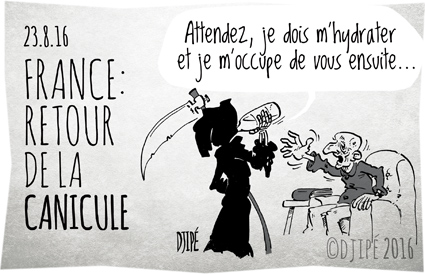 canicule, caricatures, chaleur, dessin de presse, dessin satirique, dessinateur, Djipé, humour noir, hydratation, mort, personne âgée, senior, vigilance orange, 