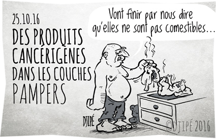 bébé, cancérigène, caricatures, couches, couches Pampers, dessin de presse, dessin satirique, dessinateur, Djipé, enfants, humour noir, pampers, santé, 