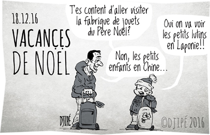 cadeaux, caricatures, Chine, dessin de presse, dessin satirique, dessinateur, Djipé, enfants, humour noir, jeux, jouets, Laponie, lutins, Noël, père noël, 