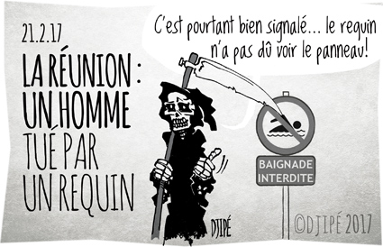 activités nautiques, baignade, bodyboardeur, caricatures, dessin de presse, dessin satirique, dessinateur, Djipé, humour noir, La Réunion, mort, requin, Saint-André, surfeur, 