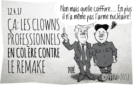 caricatures, clown, Corée, dessin de presse, dessin satirique, dessinateur, Djipé, guerre, humour noir, Japon, Kim Il-sung, Kim Jong Un, Pyongyang, Trump, USA, 