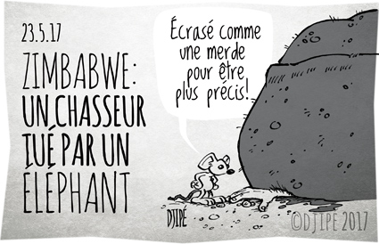 Afrique, caricatures, chasse, chasseur, dessin de presse, dessin satirique, dessinateur, Djipé, éléphant, humour noir, mort, safari, Theunis Botha, Zimbabwe, 