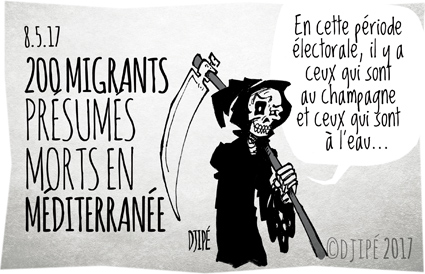 caricatures, dessin de presse, dessin satirique, dessinateur, Djipé, enfants, femmes, guerre, humour noir, Macron, Méditerranée, migrants, mort, naufrage, 