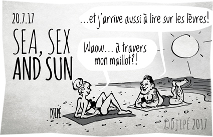 amour, cagole, caricatures, chaleur, dessin de presse, dessin satirique, dessinateur, Djipé, drague, estival, été, humour noir, lèvres, plage, Sea, sex, sexe, Sun, Tinder, vacances, 