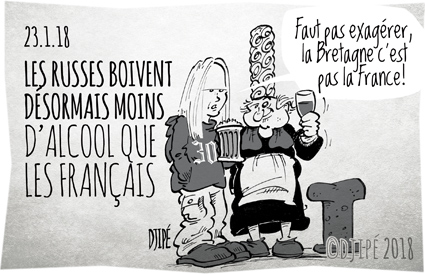 alcool, alcoolique, Bretagne, breton, caricatures, chouchen, consommation, dessin de presse, dessin satirique, dessinateur, Djipé, France, humour noir, russe, santé, vodka, 