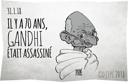 caricatures, dessin de presse, dessin satirique, dessinateur, dirigeant, discriminations, Djipé, guide spirituel, humour noir, injustices, lutte, Mahatma Gandhi, non-violence, végétarien, 