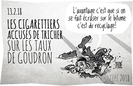 accident, cancer, caricatures, dessin de presse, dessin satirique, dessinateur, Djipé, Filtergate, goudron, humour noir, industrie, mort, nicotine, route, tabac, 