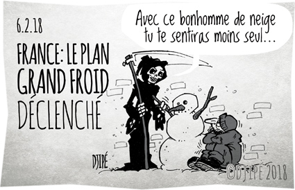 alerte, caricatures, dessin de presse, dessin satirique, dessinateur, Djipé, Grand Froid, hébergement, humour noir, mort, neige, rue, sans-abri, SDF, température, 