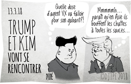 agent VX, caricatures, Corée du Nord, dessin de presse, dessin satirique, dessinateur, Djipé, états unis, guerre, humour noir, Kim Jong Un, nucléaire, stratégie, Trump, 