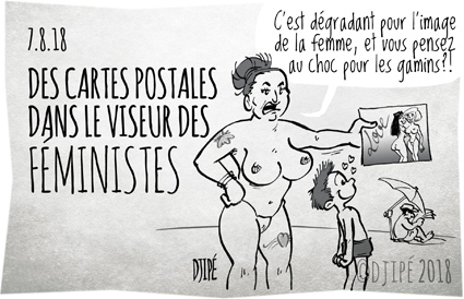 caricatures, cartes postales, dénudées, dessin de presse, dessin satirique, dessinateur, Djipé, Féministes, femmes, fesses, grivois, humour noir, nues, plage, seins, 