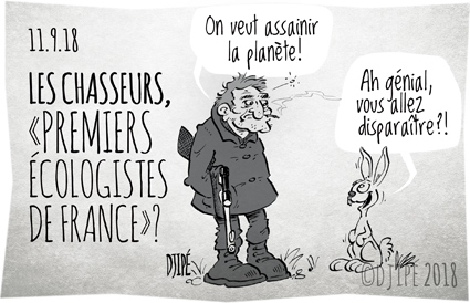 animaux, biodiversité, caricatures, chasse, chasseurs, cruauté, dessin de presse, dessinateur, Djipé, écologistes, Elysée, gibier, humour, humour noir, lapin, lobby, mort, Nicolas Hulot, publicité, 