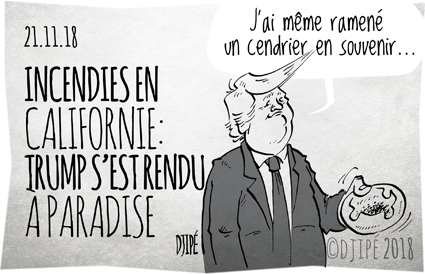 Californie, Camp Fire, caricatures, catastrophe, cendrier, dessin de presse, dessinateur, Djipé, feu, Finlande, forêt, humour, humour noir, incendie, mort, Paradise, Trump, 