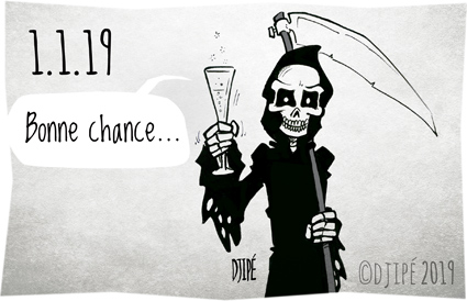 2019, caricatures, champagne, climat, dessin de presse, dessin satirique, dessinateur, Djipé, gilets jaunes, guerre, happy new year, humour noir, mort, Nouvel an, politique, réchauffement, voeux, 