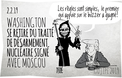 armes, caricatures, désarmement, dessin de presse, dessin satirique, dessinateur, Djipé, guerre, humour noir, INF, missile, mort, Moscou, nucléaire, Poutine, Russie, Trump, Washington, 